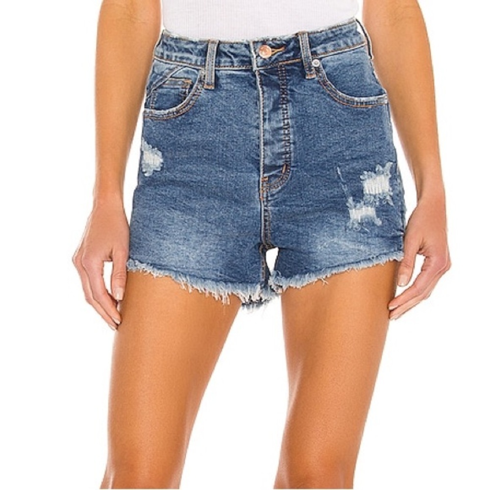 Free People Distressed High-Rise Blue Denim Jean Shorts